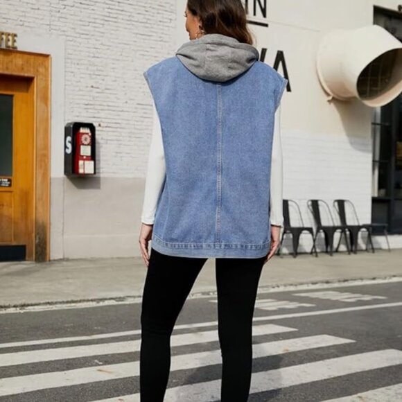 PAODIKUAI Women's Oversized Denim Vest Mid Long Sleeveless LARGE - Picture 3 of 6
